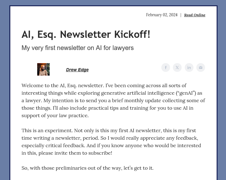 A preview of the newsletter AI, Esq.